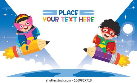 Funny Kid Flying On Colorful Pencil