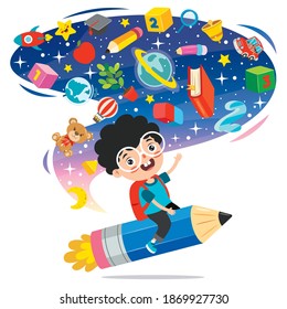 Funny Kid Flying On Colorful Pencil