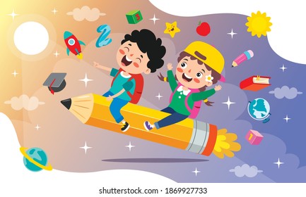 Funny Kid Flying On Colorful Pencil