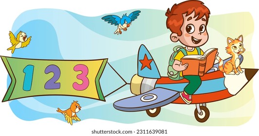 Funny Kid Flying On Colorful Pencil .vector illustration of child education image.
