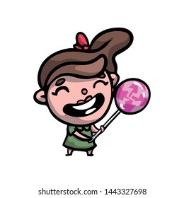 Funny kid girl in green dress with big swirl lollipop