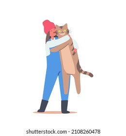 Funny Kid Girl Hug Huge Cat, Child Character Cuddle with Pet, Baby Holding Cute Kitten on Hands Isolated on White Background. Love to Animals, Childhood Concept. Cartoon People Vector Illustration