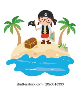 Funny kid girl pirate with flag and old map. Island treasure hunt. Cartoon child, female character. Cute preschooler dressed in pirate costume. Flag with skull and crossbones. Flat vector illustration