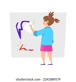 Funny kid girl standing and erasing drawing from large canvas flat style, vector illustration isolated on white background. Childhood, creation, messy kid