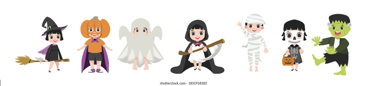 Funny kid Halloween character cartoon set