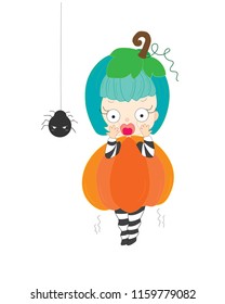 Funny kid halloween party with spider in spooky night. Girl in pumpkin costume concept. Cartoon vector illustration.