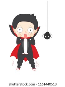Funny kid halloween party with spider in spooky halloween night. Boy in dracula costume concept. Cartoon vector illustration.
