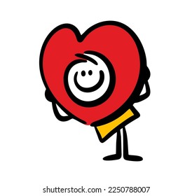 Funny kid in a huge heart costume at the carnival Valentines Day holiday. Vector illustration a character makes an unusual surprise to his beloved at holiday.