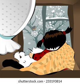 Funny kid illustration. Little girl with her cat looking at the window