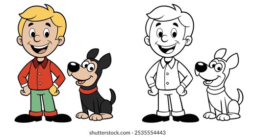 Funny Kid And Little Dog Are Smiling Cartoon Coloring Page For Kids