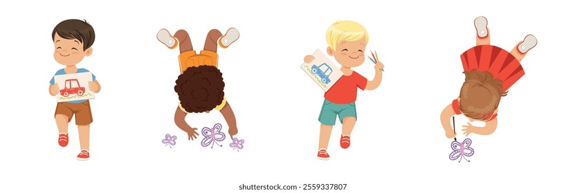 Funny Kid Lying and Drawing with Pencil Vector Set