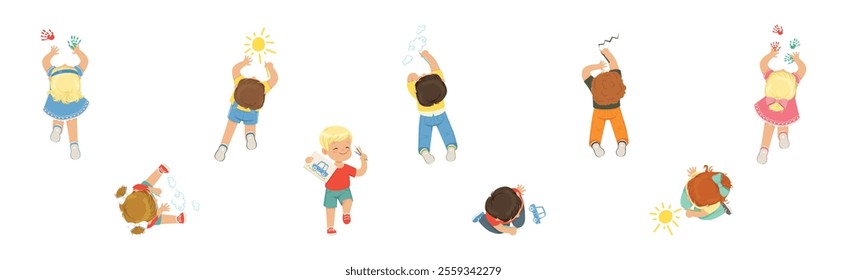 Funny Kid Lying and Drawing with Pencil Vector Set