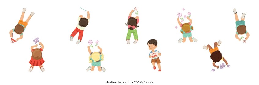 Funny Kid Lying and Drawing with Pencil Vector Set