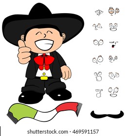 funny kid mexican mariachi cartoon expressions set very easy to edit 