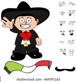 funny kid mexican mariachi cartoon expressions set very easy to edit 
