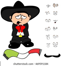 funny kid mexican mariachi cartoon expressions set very easy to edit 