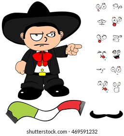 funny kid mexican mariachi cartoon expressions set very easy to edit 