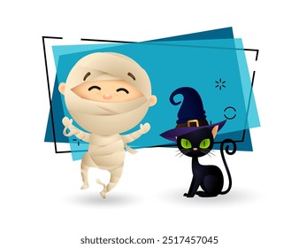 Funny kid in mummy costume and black cat in witch hat on abstract background. Invitation or banner design. Halloween concept. Vector illustration for posters or leaflets