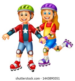 Funny Kid Play Roller Skates Cartoon For Your Design