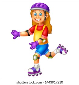Funny Kid Play Roller Skates Cartoon For Your Design