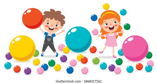 Funny Kid Playing With Colorful Balls