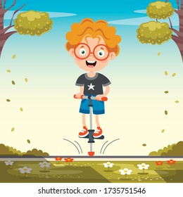 Funny Kid Playing With Pogo Stick