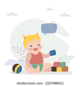 Funny kid plays with cubes and ball. Infant girl plays with toys. Caucasian baby character, newborn boy. Cute baby sits on floor with different toys. Playtime, childhood. Flat vector illustration