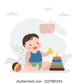 Funny kid plays with pyramid and ball. Infant boy plays with toys. Caucasian baby character, newborn boy. Cute baby sits on floor with different toys. Playtime, childhood. Flat vector illustration