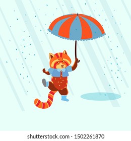 Funny kid red panda walks with an umbrella in the rain.