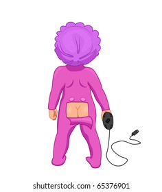 Funny kid in romper suit holding computer mouse