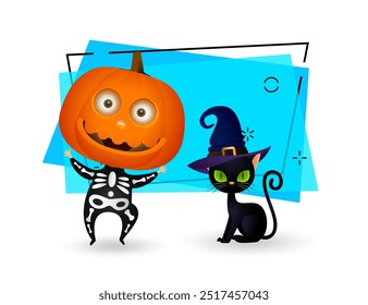 Funny kid in skeleton costume and black cat in witch hat on bright background. Invitation or banner design. Halloween concept. Vector illustration for posters or leaflets