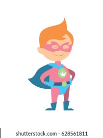 Funny Kid In Superman Costume Vector Illustration Isolated On White Background. Boy In Superhero Costume Character In Flat Design.