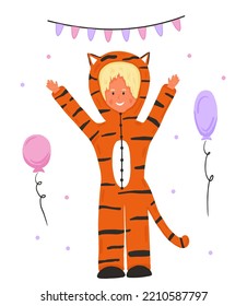 Funny Kid In Tiger Kigurumi Pajama. Happy Birthday Onesie Party 