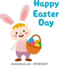 Funny kid wearing bunny ears carrying basket with colorful painted eggs. Happy easter day, eggs hunt activity, holiday greeting card, postcard. Cartoon character drawing.illustration vector 