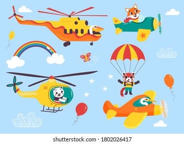 Un divertido transporte aéreo para niños con animales pequeños. Helicópteros, biplano, ilustración vectorial de caricatura paracaidista aislada en fondo azul