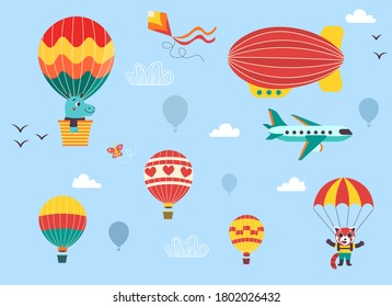 Funny kids air transport set with little animals. Hot air balloon, airship, airplane and parachutist cartoon vector illustration isolated on blue background