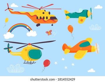 Funny kids air transport set. Helicopters, biplane, parachutist cartoon vector illustration isolated on blue background