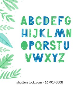 Funny kids alphabet with hand drawn elements in scandinavian style for poster, kids nursery, font, letters design. Vector illustration isolated on background.