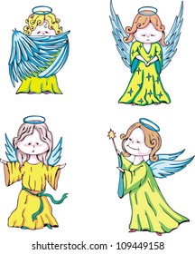 Funny kids angels. Set of color vector illustrations.