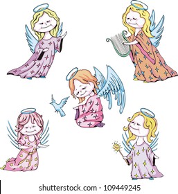 Funny kids angels. Set of color vector illustrations.