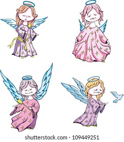 Funny kids angels. Set of color vector illustrations.