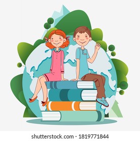 Funny kids with books. Cute, smiling boy and girl. Back to school vector concept