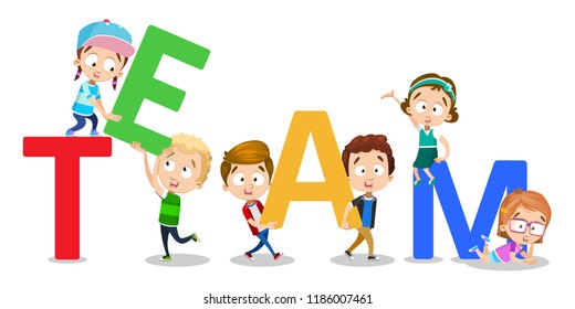 Funny kids carrying and lifting big letters. Preschool children team working together. Children teamwork and friendship. Little friends vector illustration. Happy childhood and creative activity.