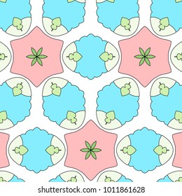 Funny kids cartoon pattern with geometric ornament. Patterns baby pink and blue.