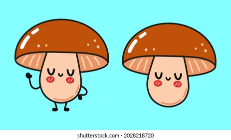 Funny kids child cute happy brown porcini Mushroom characters bundle set.Vector kawaii line cartoon style illustration.Cute line porcini white,brown baby kids Mushroom mascot character logo collection