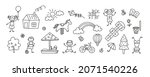 Funny kids and children playground. Swing, slide, teeter and sandbox in doodle style. Kid drawing of house, rainbow,tree. Hand drawn vector illustration on white background. Editable stroke.