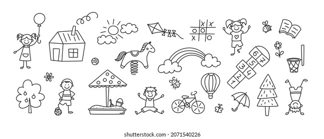 Funny Kids And Children Playground. Swing, Slide, Teeter And Sandbox In Doodle Style. Kid Drawing Of House, Rainbow,tree. Hand Drawn Vector Illustration On White Background. Editable Stroke.