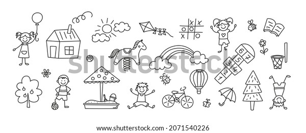 Funny\
kids and children playground. Swing, slide, teeter and sandbox in\
doodle style. Kid drawing of house, rainbow,tree. Hand drawn vector\
illustration on white background. Editable\
stroke.