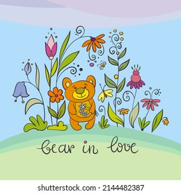 Funny kids children vector illustration with flowers and animal - bear. Cartoon image for poster, invitation, postcard etc.