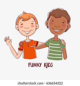  Funny kids. Cute boys hugging. Children becoming friends 